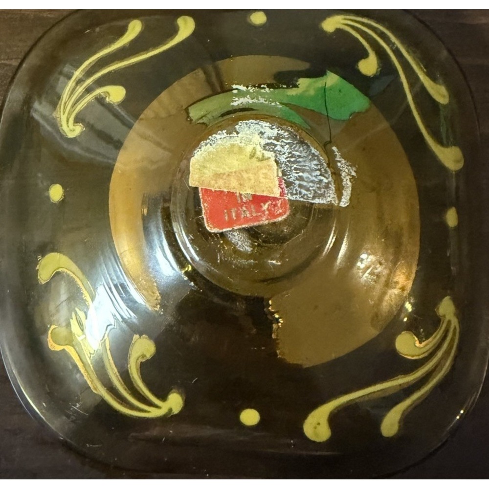 Vintage Made in Italy Glass Ashtray Trinket Dish Hand Painted Gold Floral 4" - Picture 3 of 7